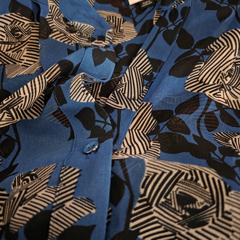 Blue and Black Floral Button-Up Blouse